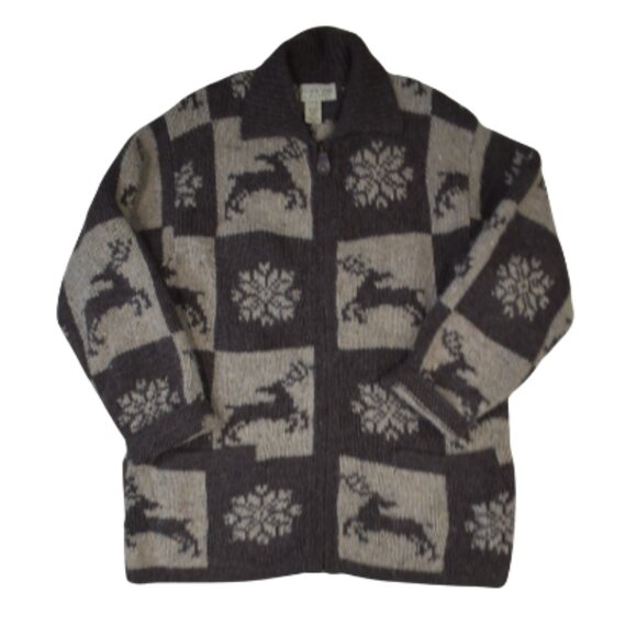 Vintage Jones New York Wool Zip-Up Sweater Large Brown Reindeer Holiday - Picture 1 of 8